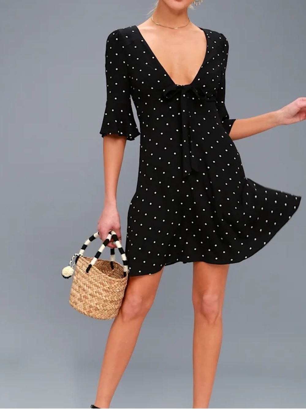 Free People Black Polka Dot Tie-Front Mini Dress